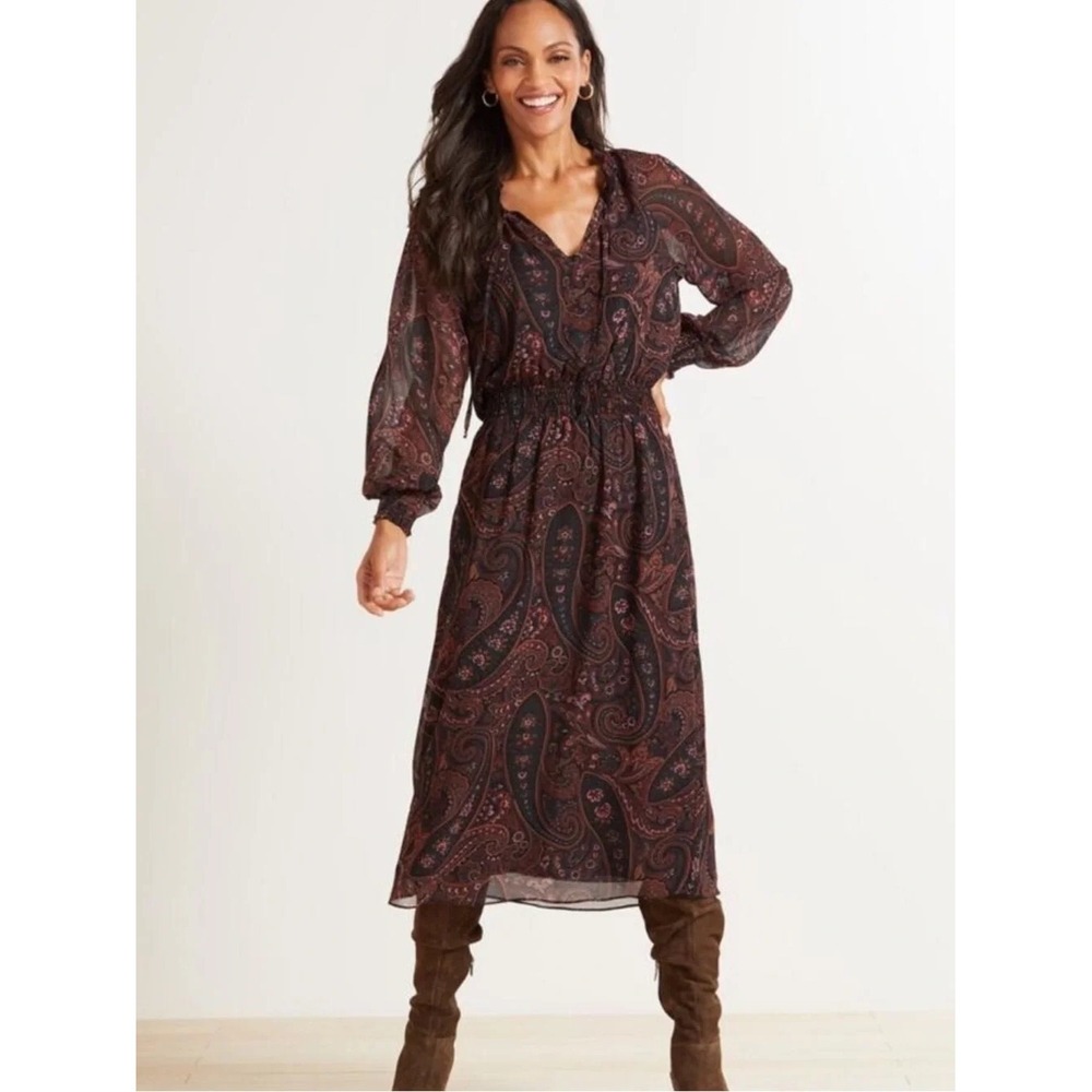 Evereve Eliza Paisley Tie Neck Midi Dress Burgundy Navy Blue Chiffon Boho